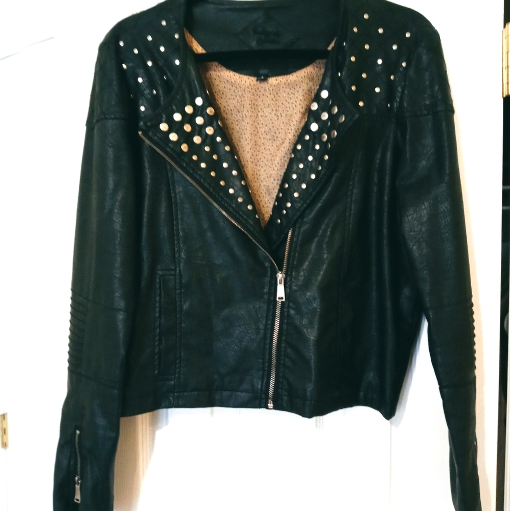 Leather fashion coat with metal studs